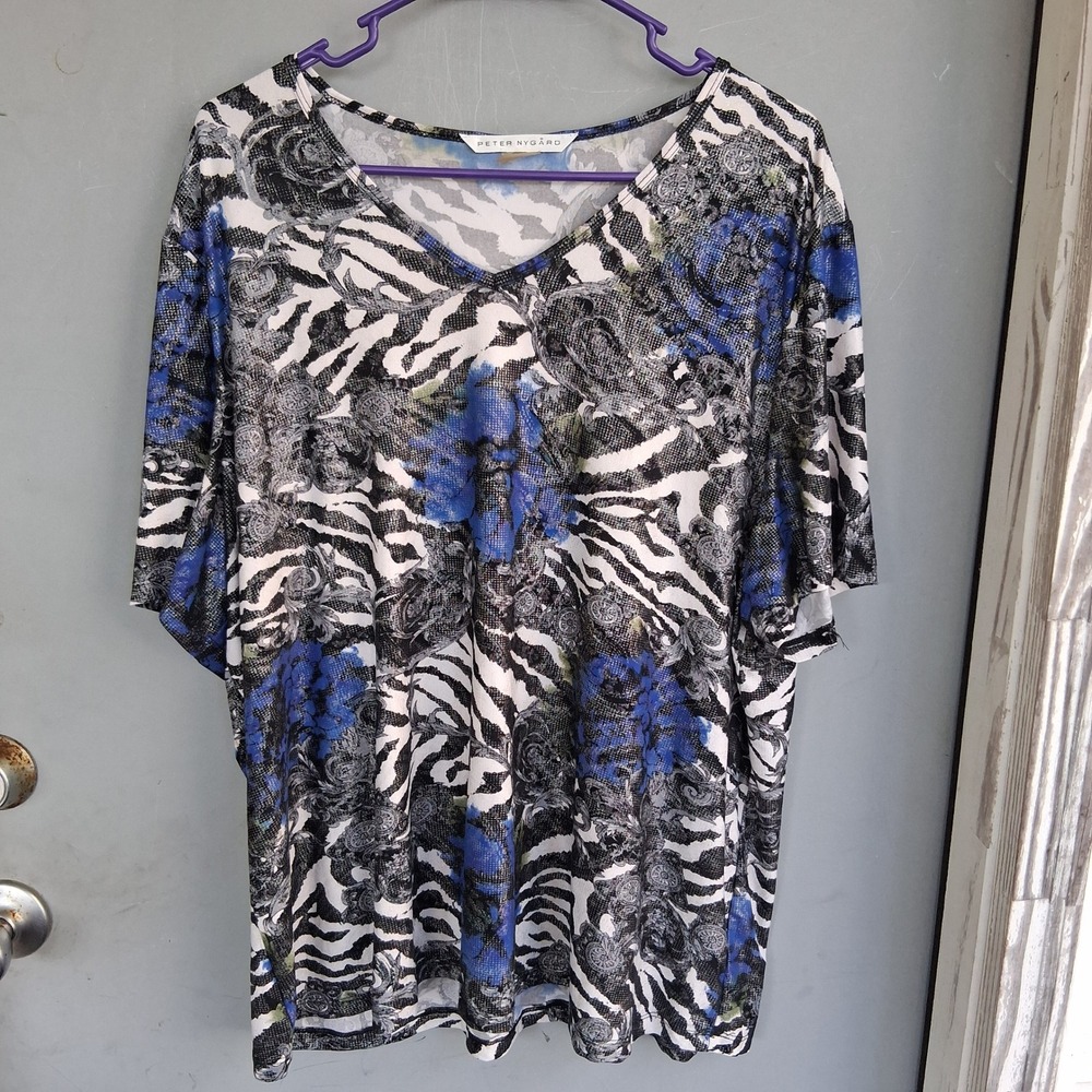 Vtg Y2K Peter Nygard Blue Zebra Floral Mixed Print V-Neck Short Sleeve Top M EUC